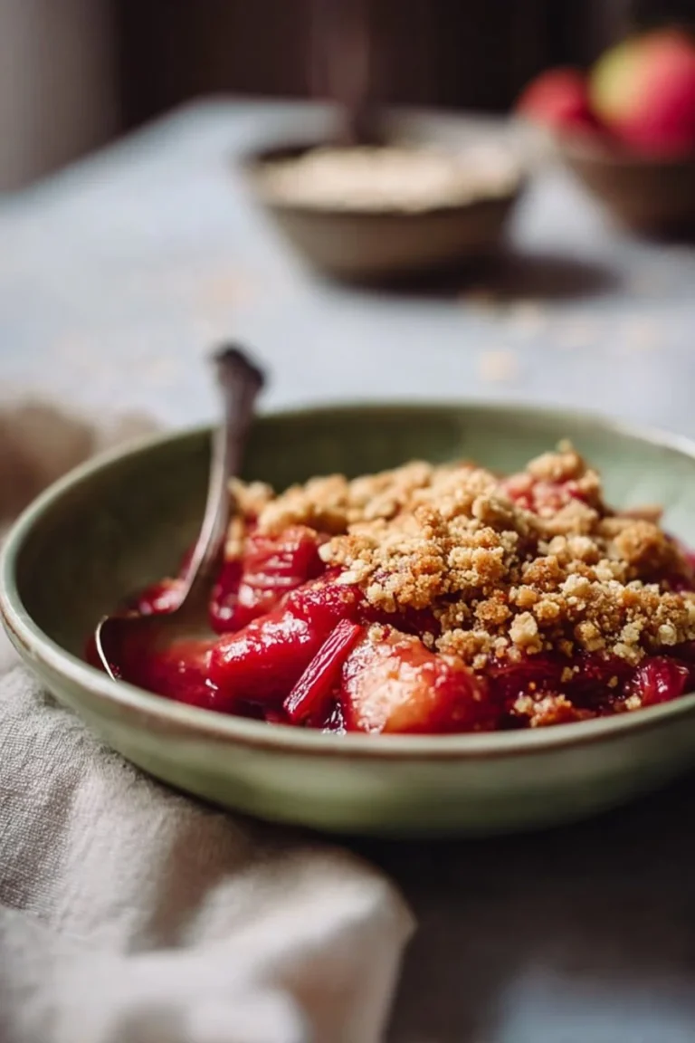 Delicious vegan rhubarb crumble served in a bowl, topped with oats and cinnamon.