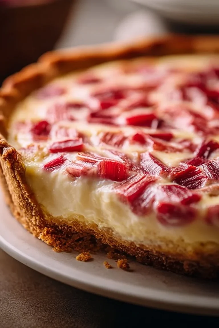 Delicious tangy rhubarb cheesecake pie slice on a wooden table