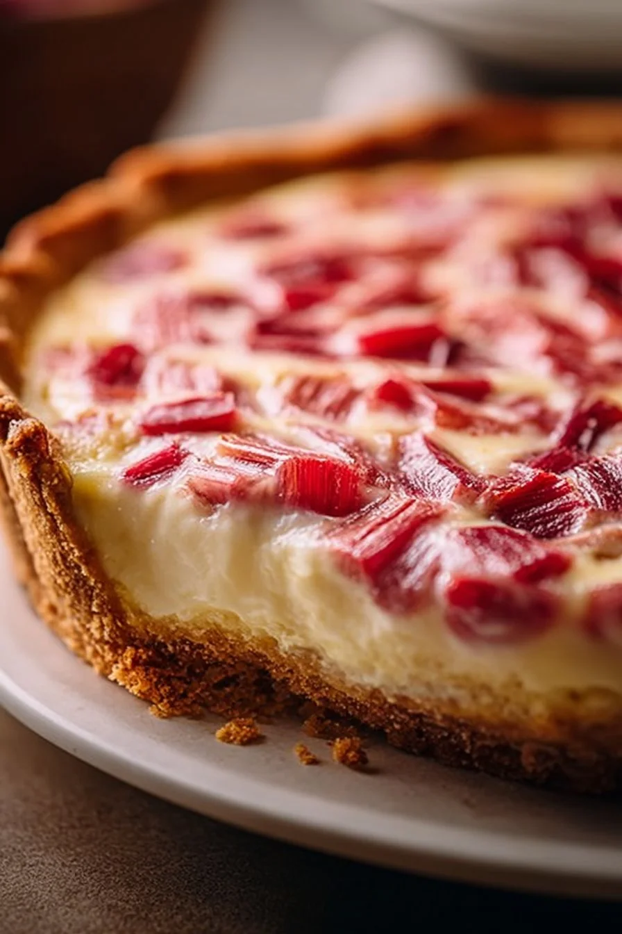 Delicious tangy rhubarb cheesecake pie slice on a wooden table