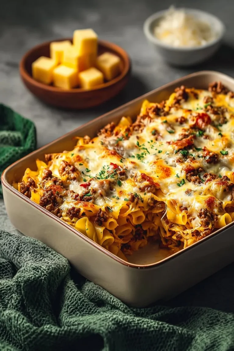 Delicious hamburger casserole topped with cream cheese, ready to serve.