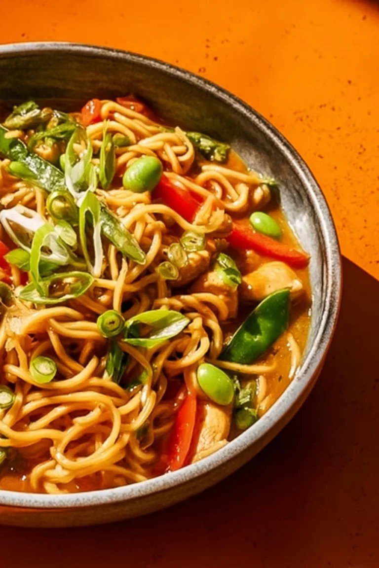 Delicious Thai Noodle Casserole topped with fresh herbs and spices