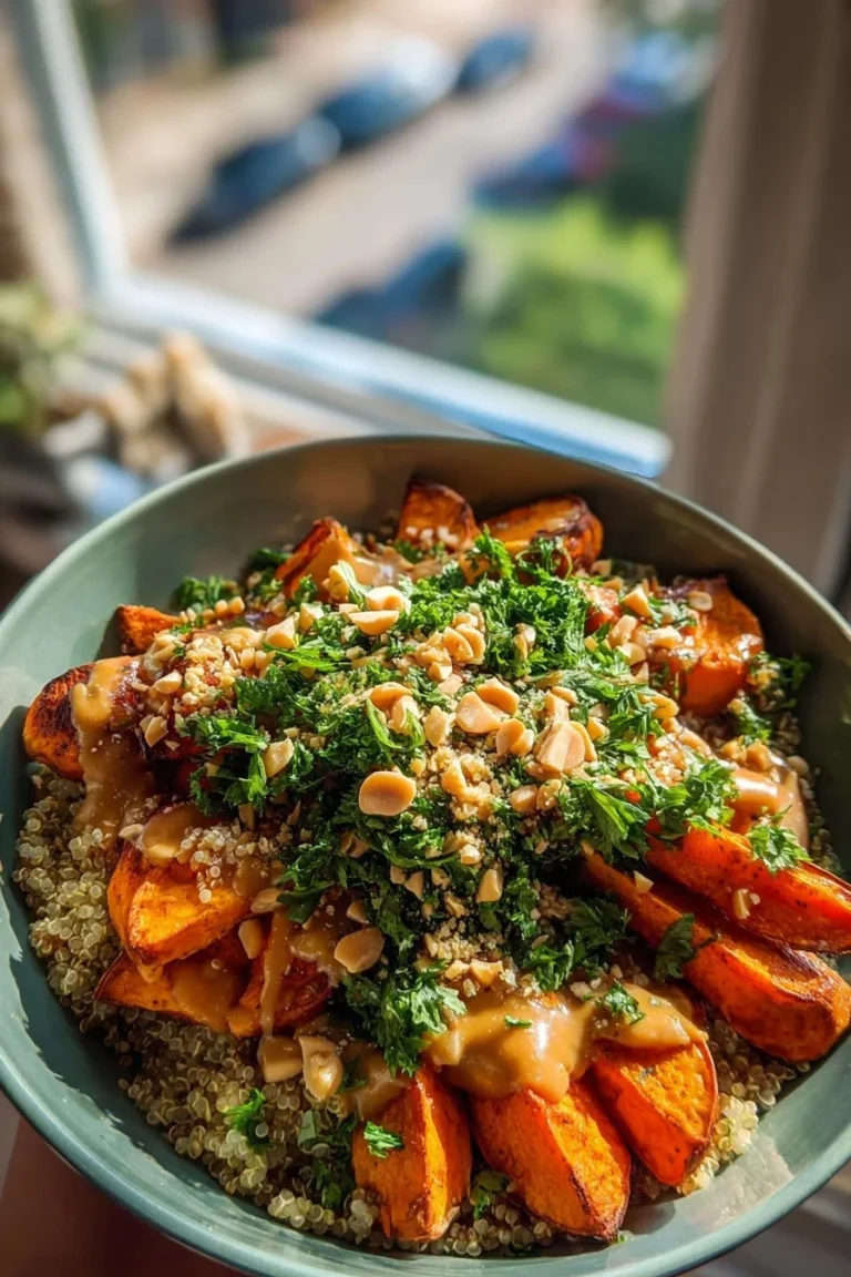 Thai Peanut Sweet Potato Bowl with vibrant vegetables and flavorful sauce
