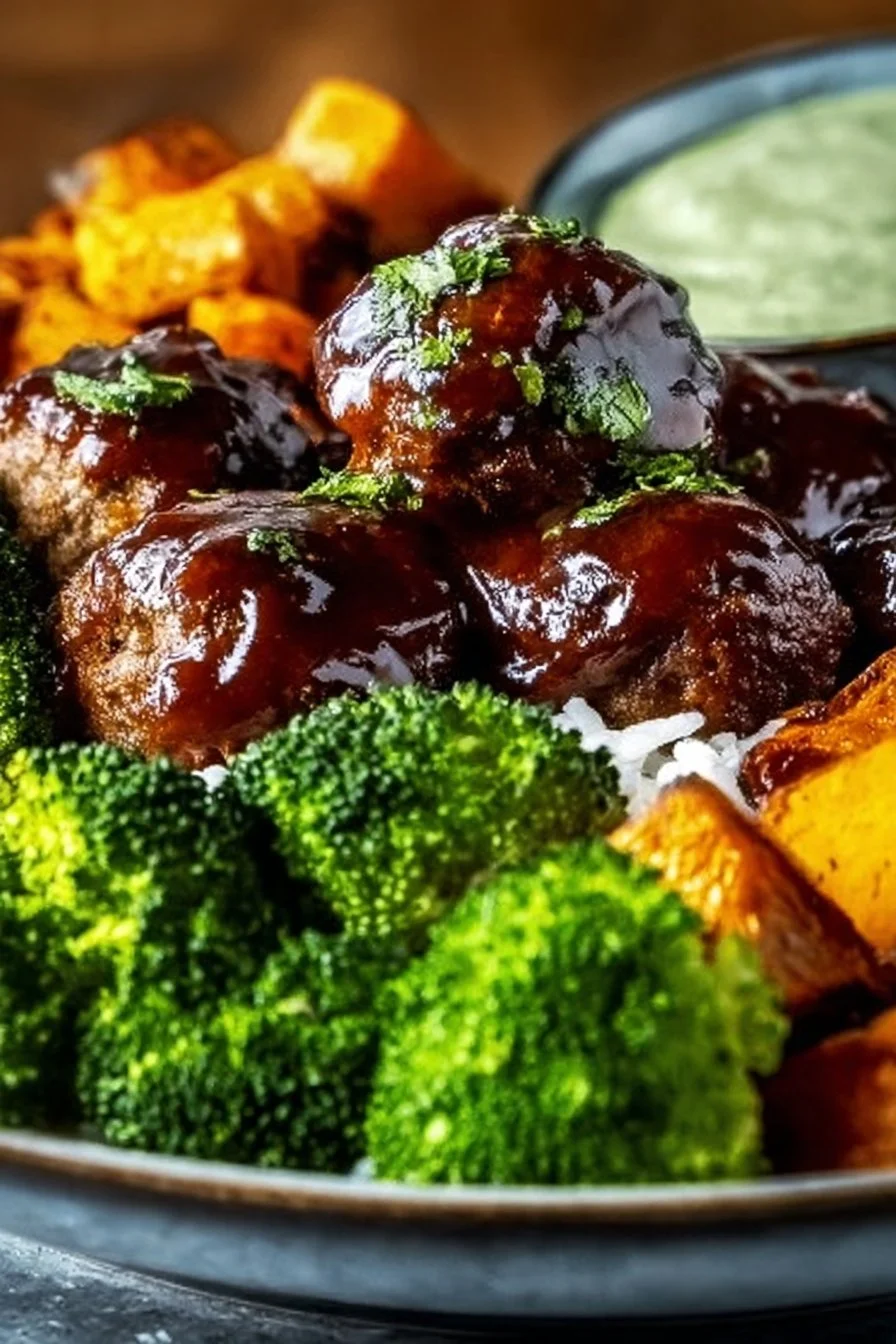 Delicious BBQ Meatball Bowls topped with creamy avocado sauce