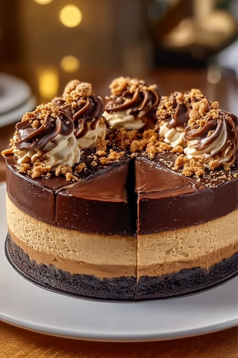 Decadent chocolate peanut butter cheesecake with a rich, creamy texture