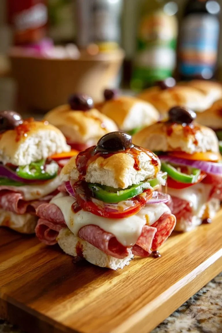 Delicious Italian Sub Sliders stacked on a wooden platter
