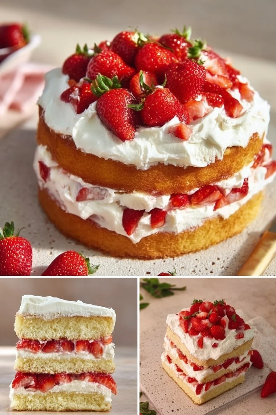 A delicious strawberry shortcake topped with fresh strawberries and whipped cream.