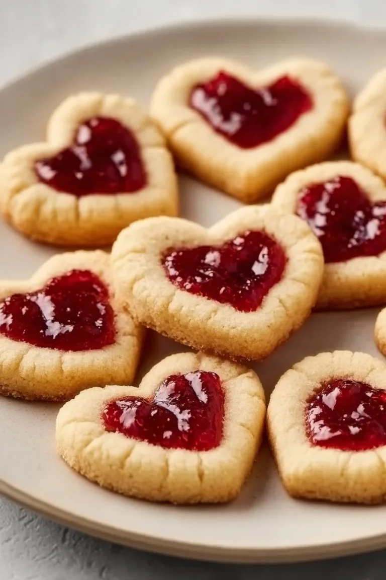 Delicious thumbprint heart cookies filled with jam on a decorative plate