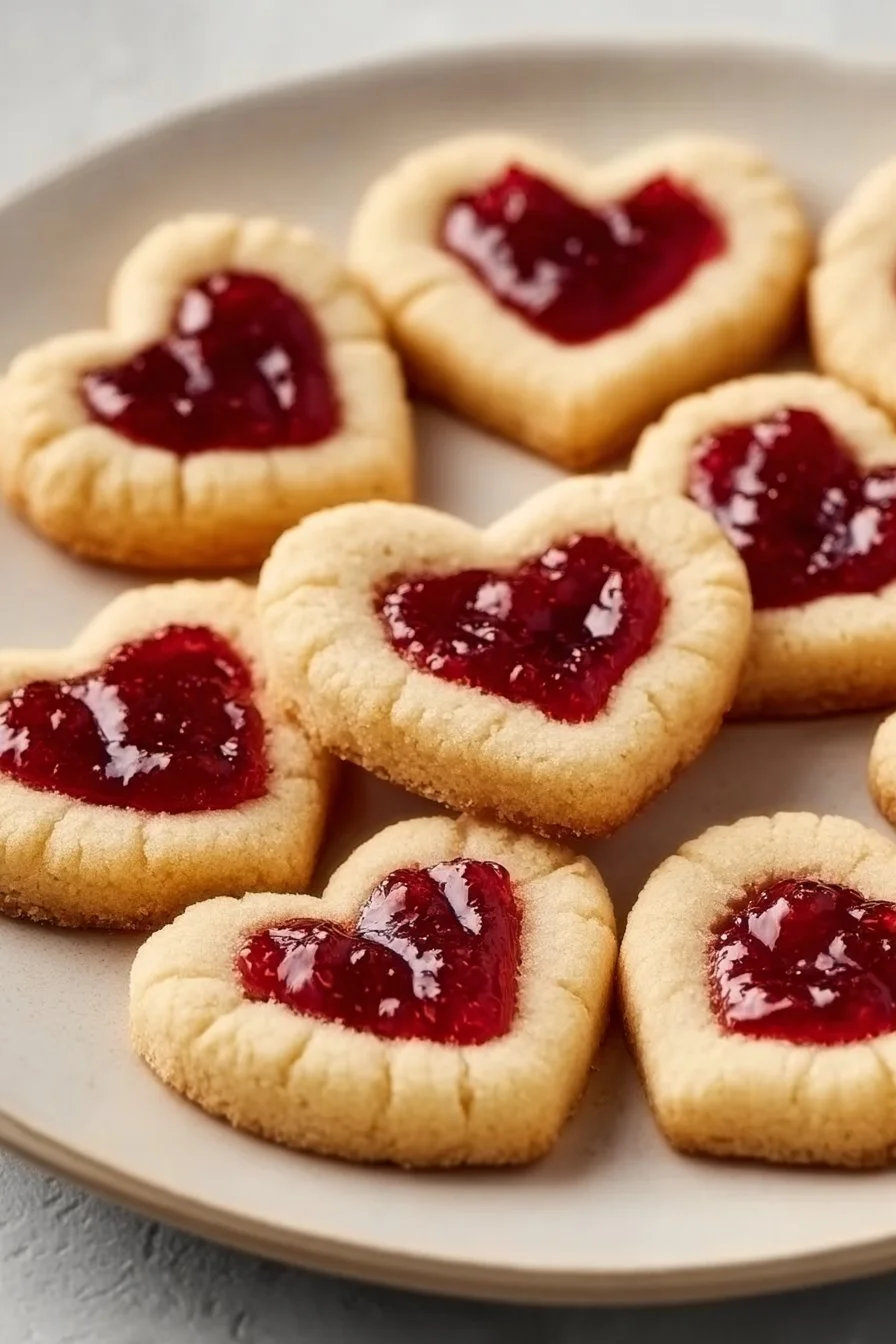 Delicious thumbprint heart cookies filled with jam on a decorative plate