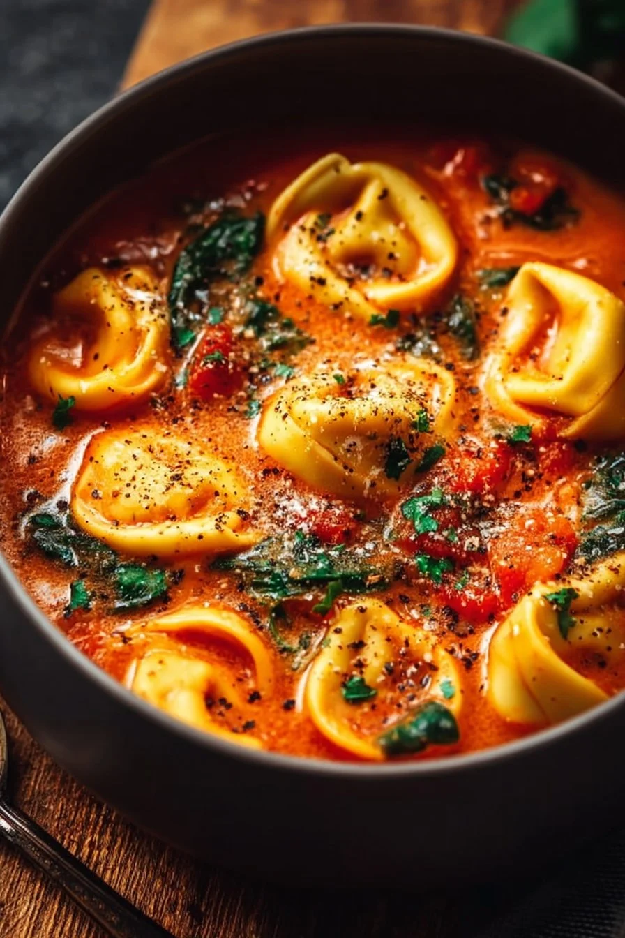 Bowl of Tomato Dairy Free Tortellini Soup garnished with fresh basil