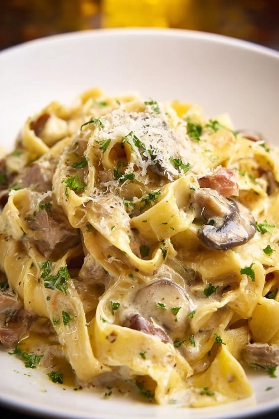 Delicious truffle pasta garnished with fresh herbs and cheese