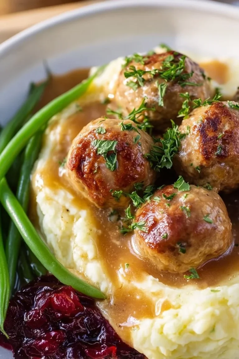 Delicious turkey meatballs made with stuffing, served on a plate.
