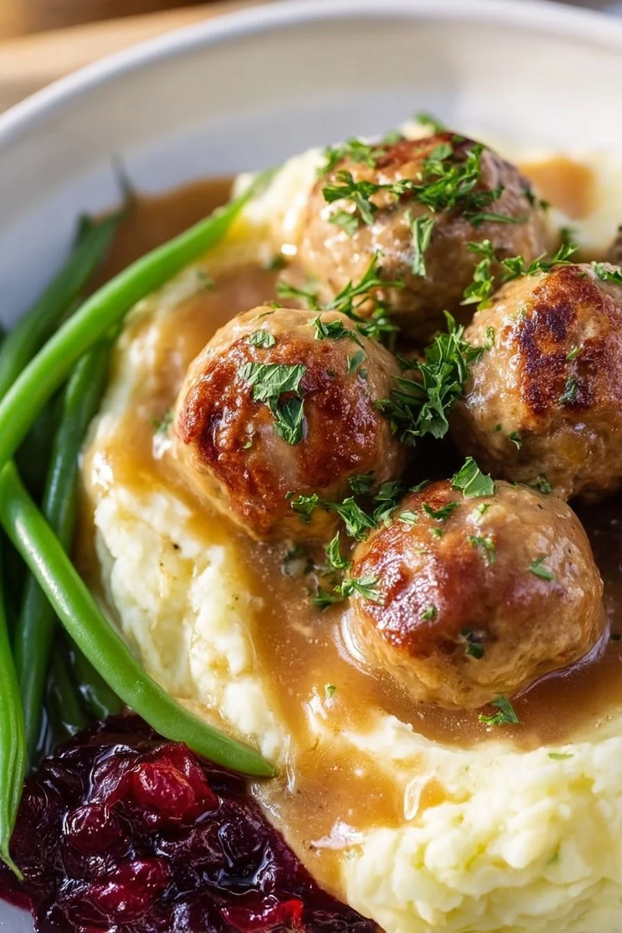 Delicious turkey meatballs made with stuffing, served on a plate.