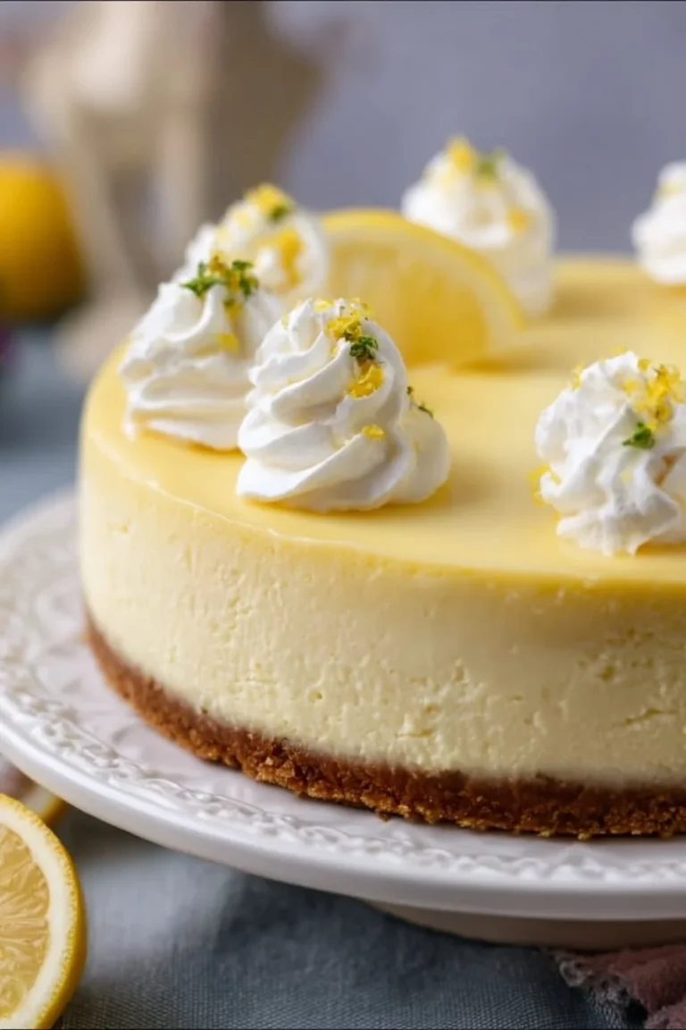Slice of ultimate creamy lemon cheesecake topped with lemon zest