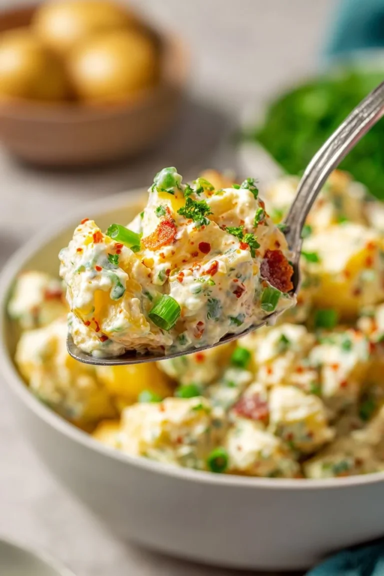Ultimate deviled egg potato salad with bacon served in a bowl