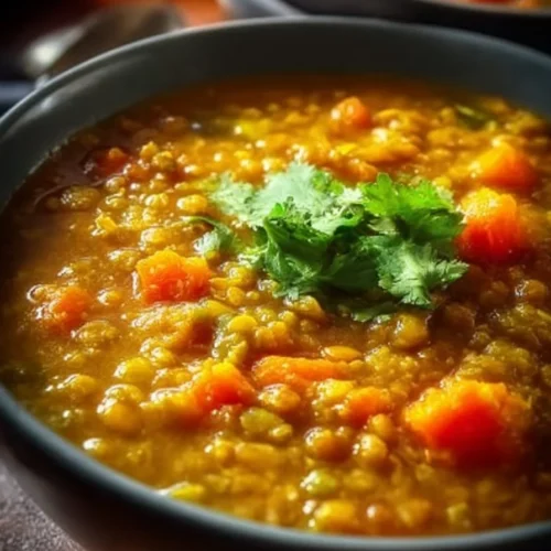 Bowl of Vegan Curry Lentil Soup with fresh herbs and spices