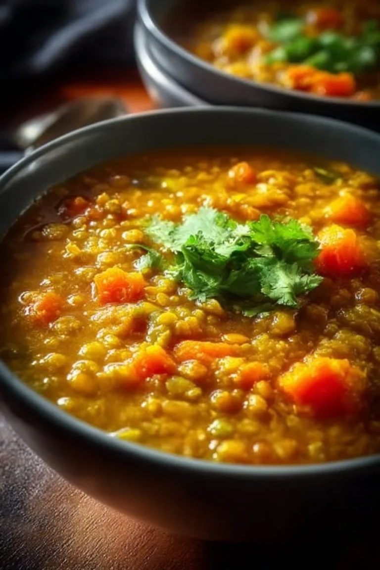Bowl of Vegan Curry Lentil Soup with fresh herbs and spices