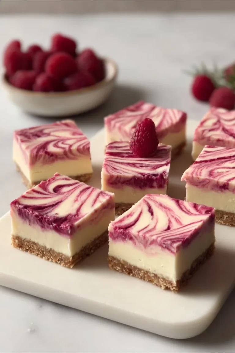 Vegan raspberry cheesecake bars topped with fresh raspberries