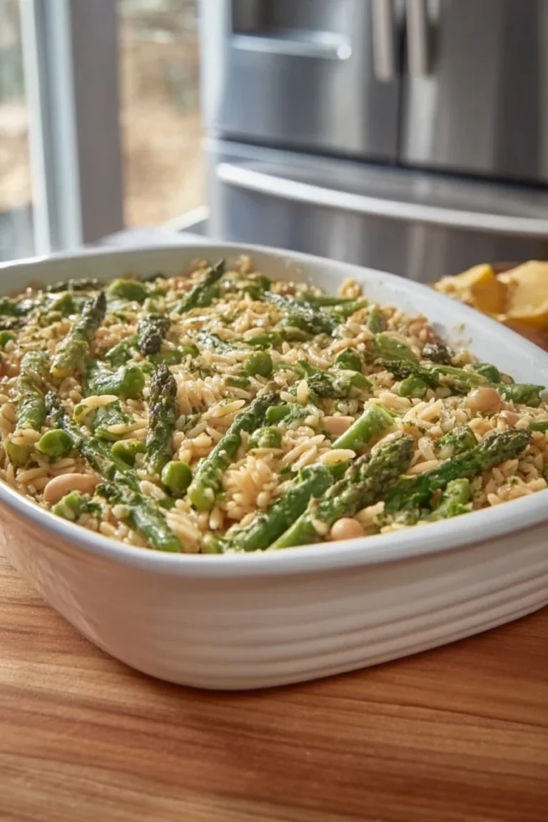 Veggie-packed lemon pepper orzo in a baking dish, ready to serve.