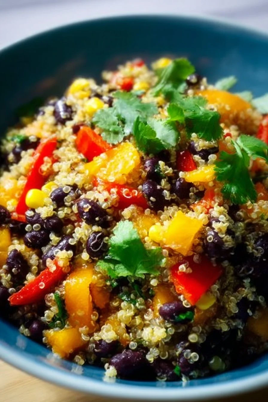 A colorful serving of vibrant black bean quinoa salad with fresh vegetables.