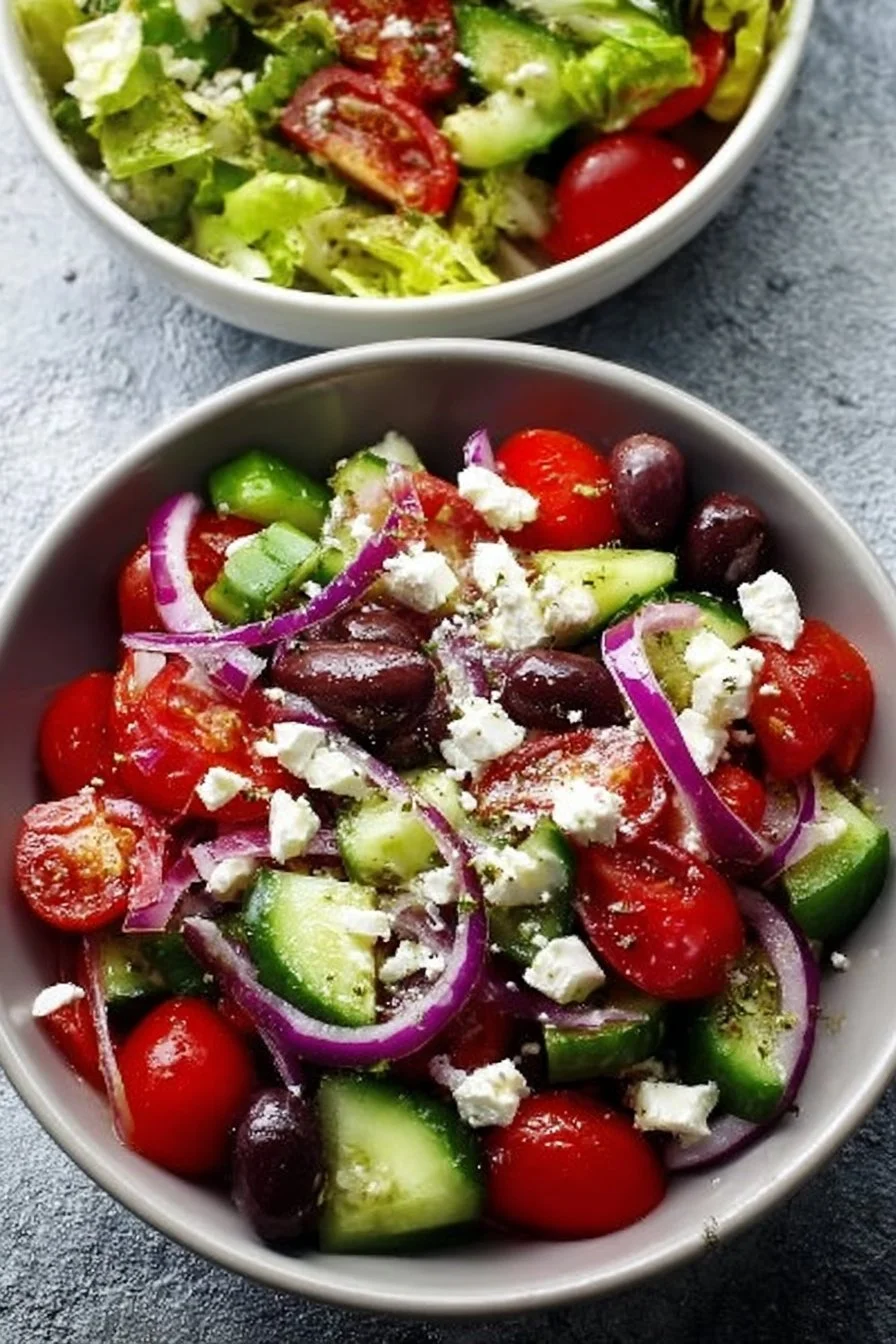 Vibrant Mediterranean salad with fresh vegetables and herbs in a bowl
