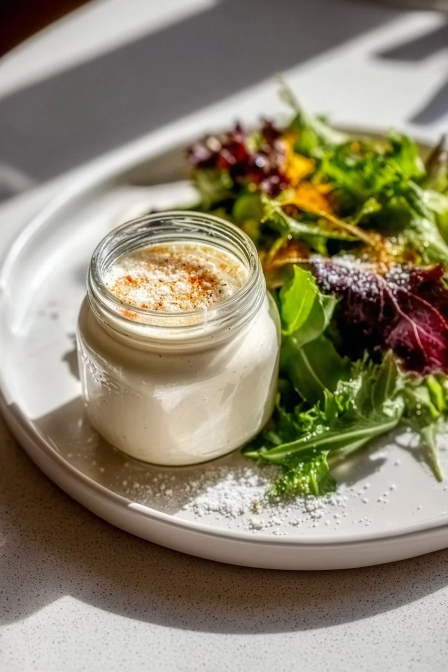 Homemade Zesty Parmesan Vinaigrette in a jar with herbs and spices