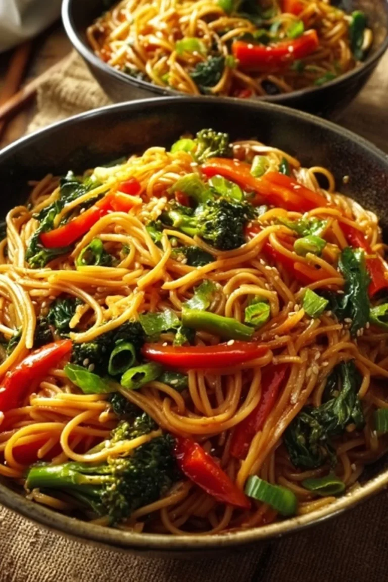 15 minute homemade Lo Mein noodles with colorful vegetables and sauce