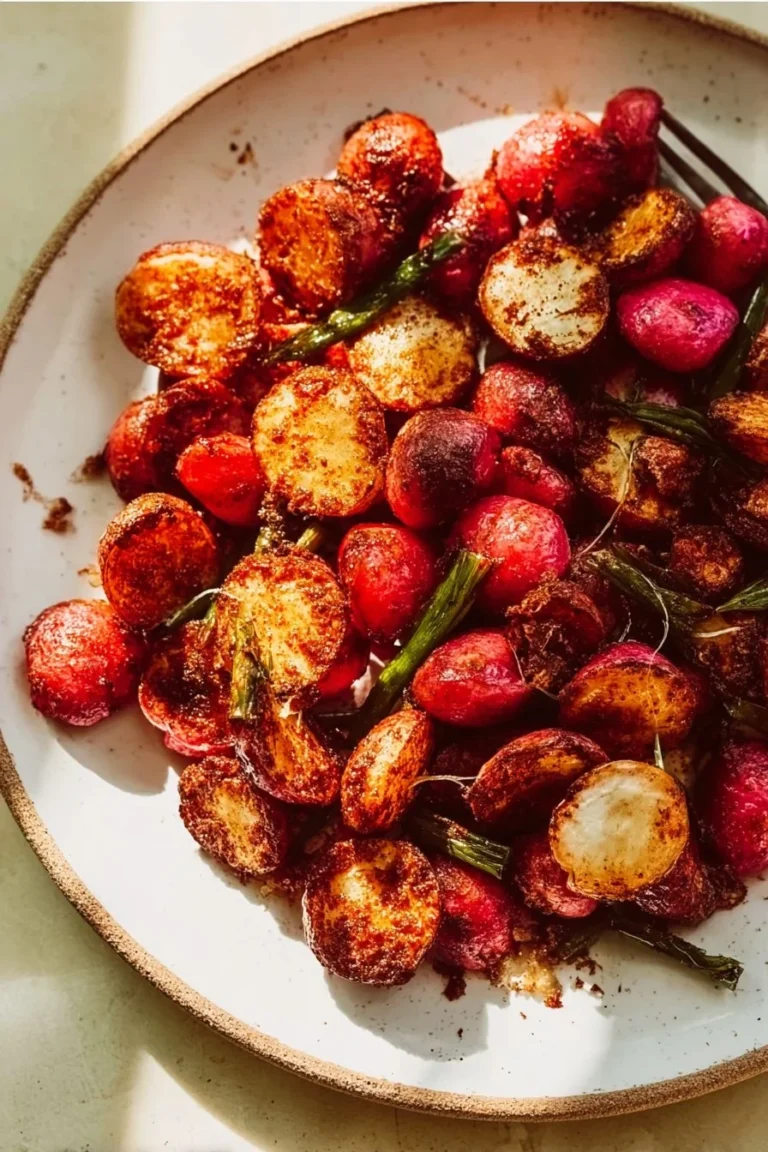 Plate of crispy Air Fryer Radishes garnished with herbs