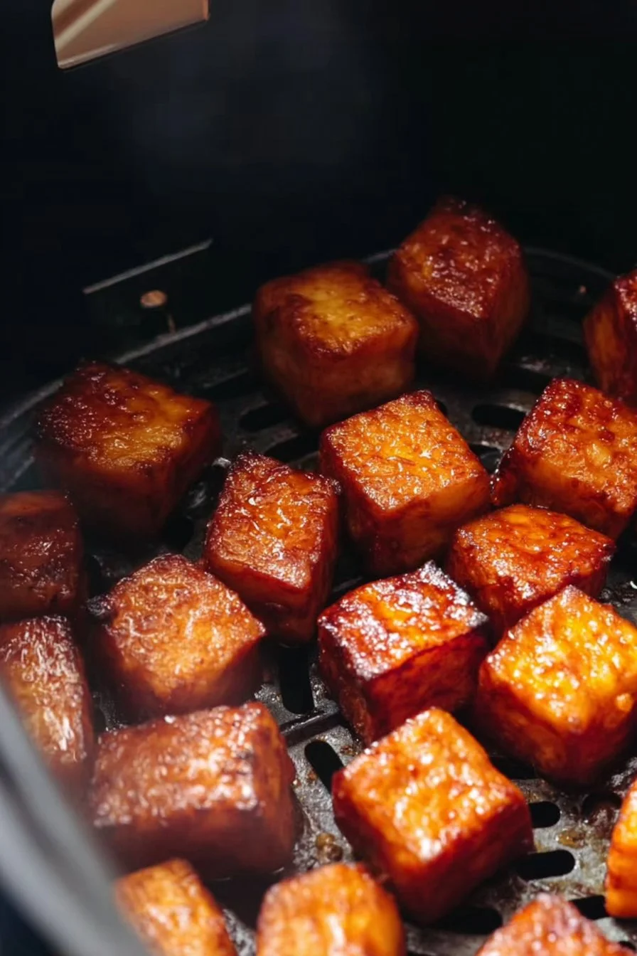 Crispy air fryer tofu served with dipping sauce on a plate.
