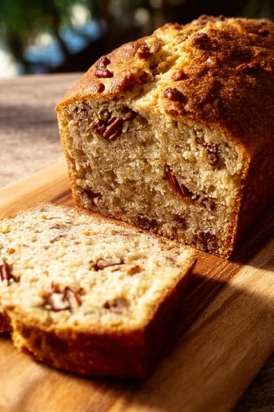 Freshly baked Alabama Pecan Bread with crunchy pecans on a rustic table