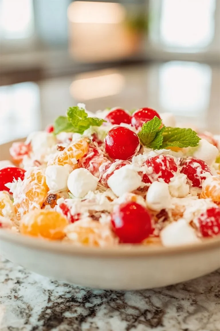 Bowl of creamy Ambrosia Fruit Salad with mixed fruits and marshmallows