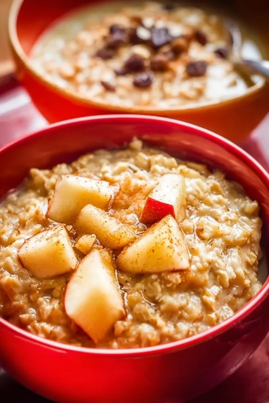 Delicious apple cinnamon oatmeal topped with apples and cinnamon in a bowl