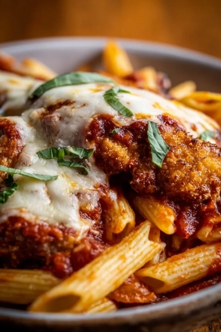 Baked chicken parmesan pasta dish topped with cheese and herbs
