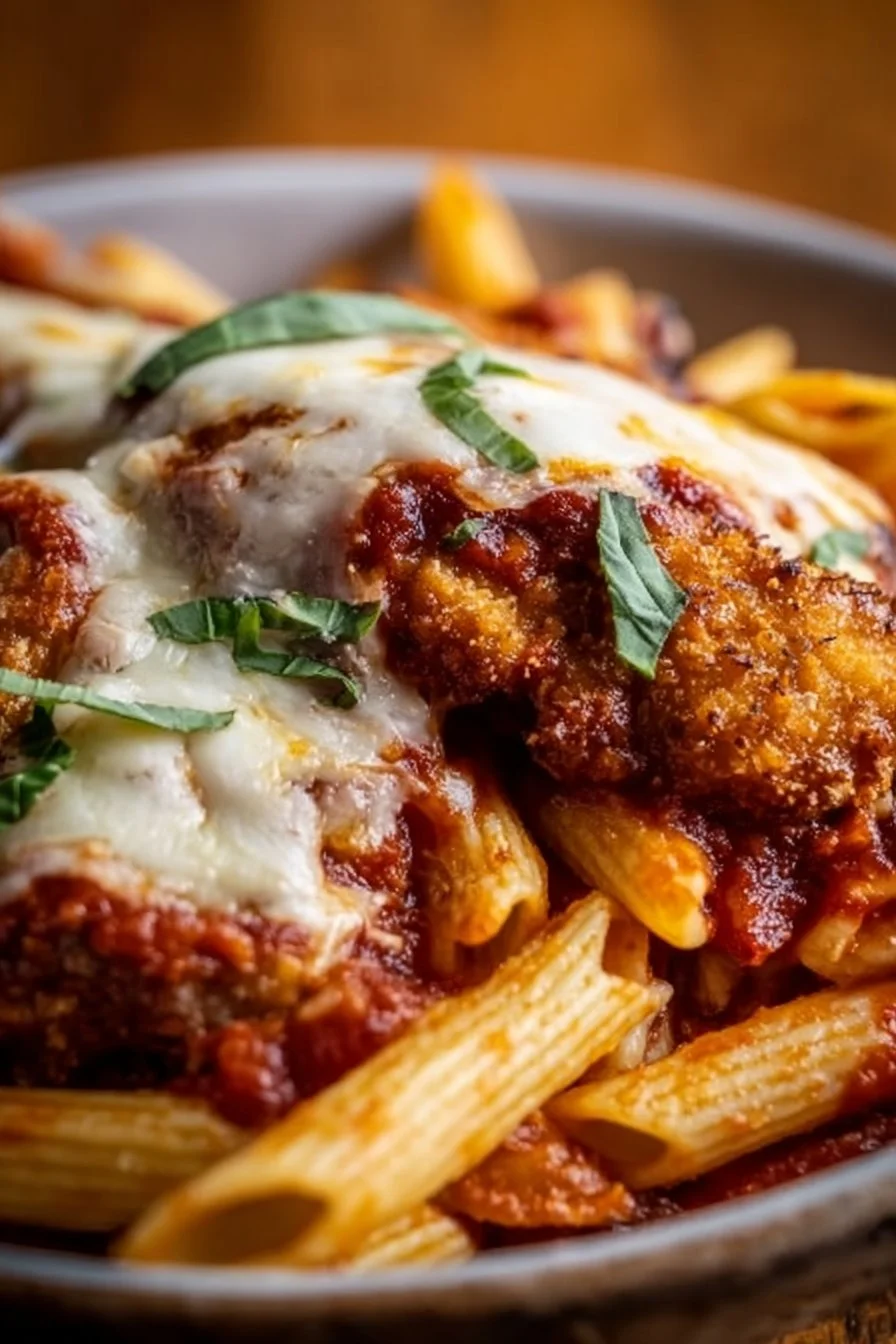 Baked chicken parmesan pasta dish topped with cheese and herbs
