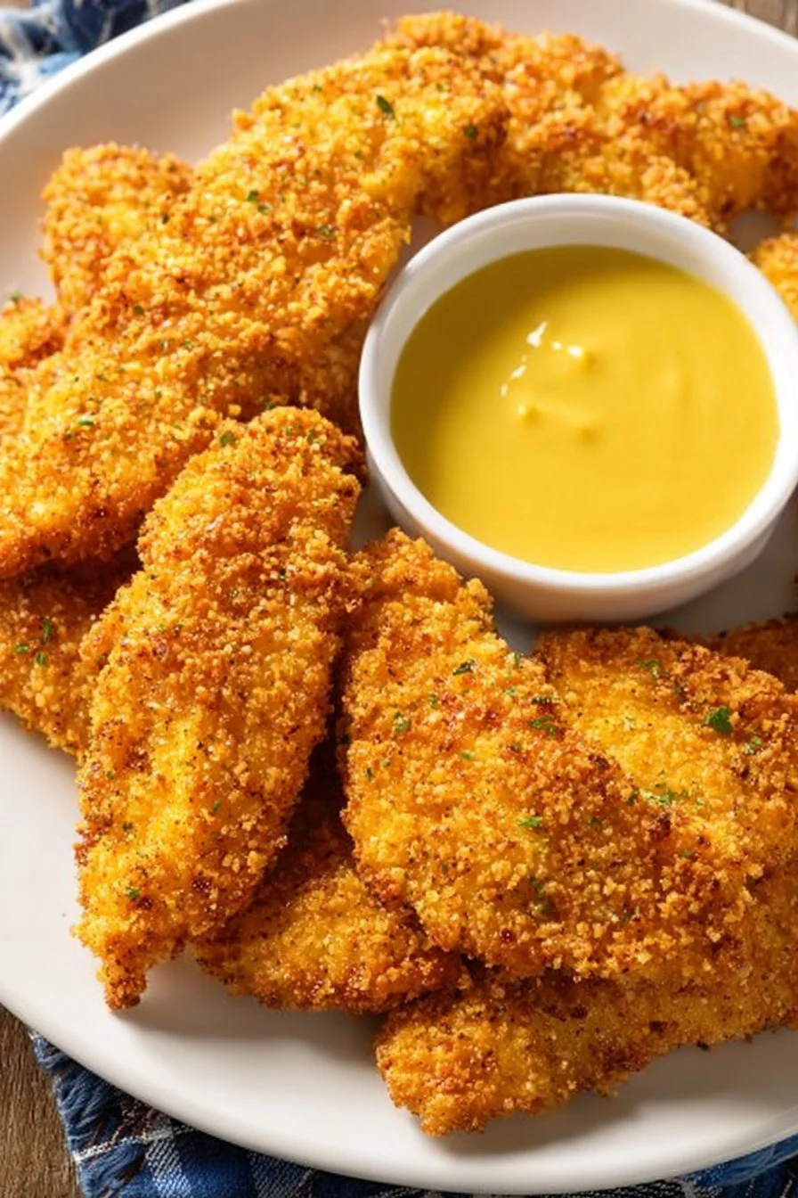 Delicious homemade baked chicken tenders served with dipping sauce.