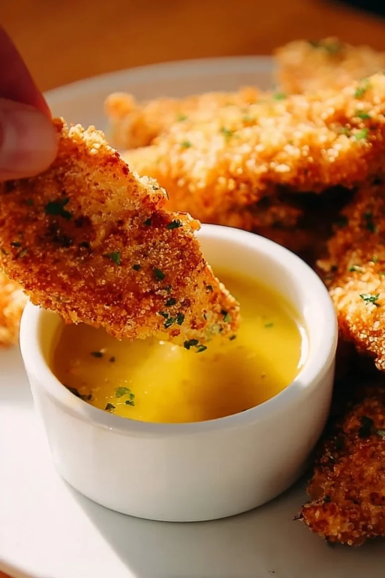 Crispy baked chicken tenders on a plate, garnished with herbs.