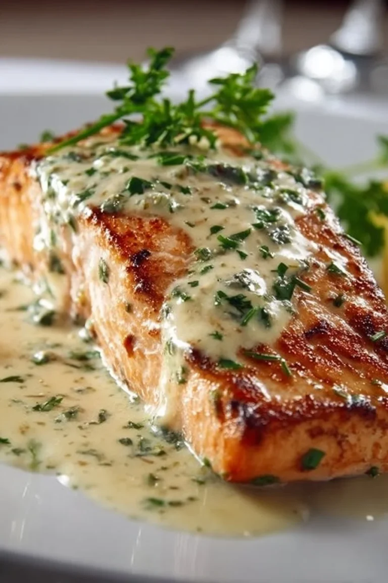 Baked salmon fillet topped with creamy sauce on a plate