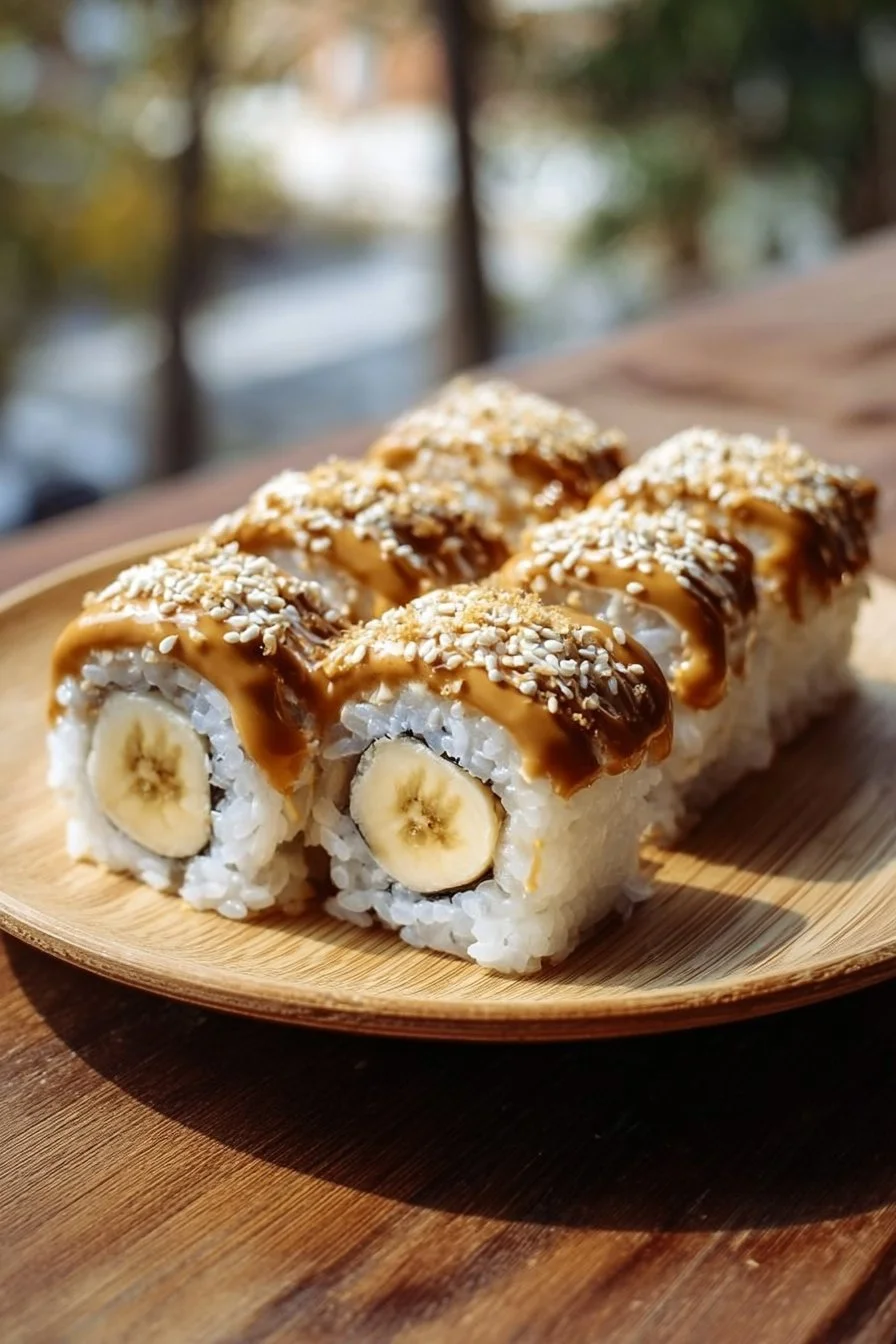 Delicious banana sushi rolls with colorful toppings and ingredients