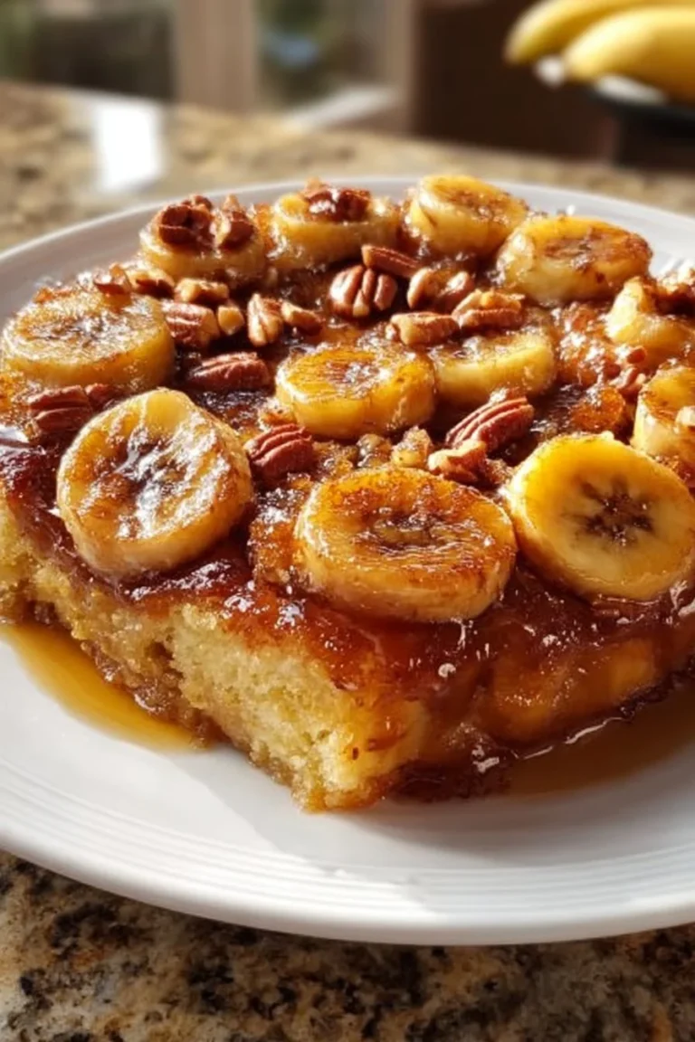 Delicious Bananas Foster Cobbler topped with a caramel banana sauce.