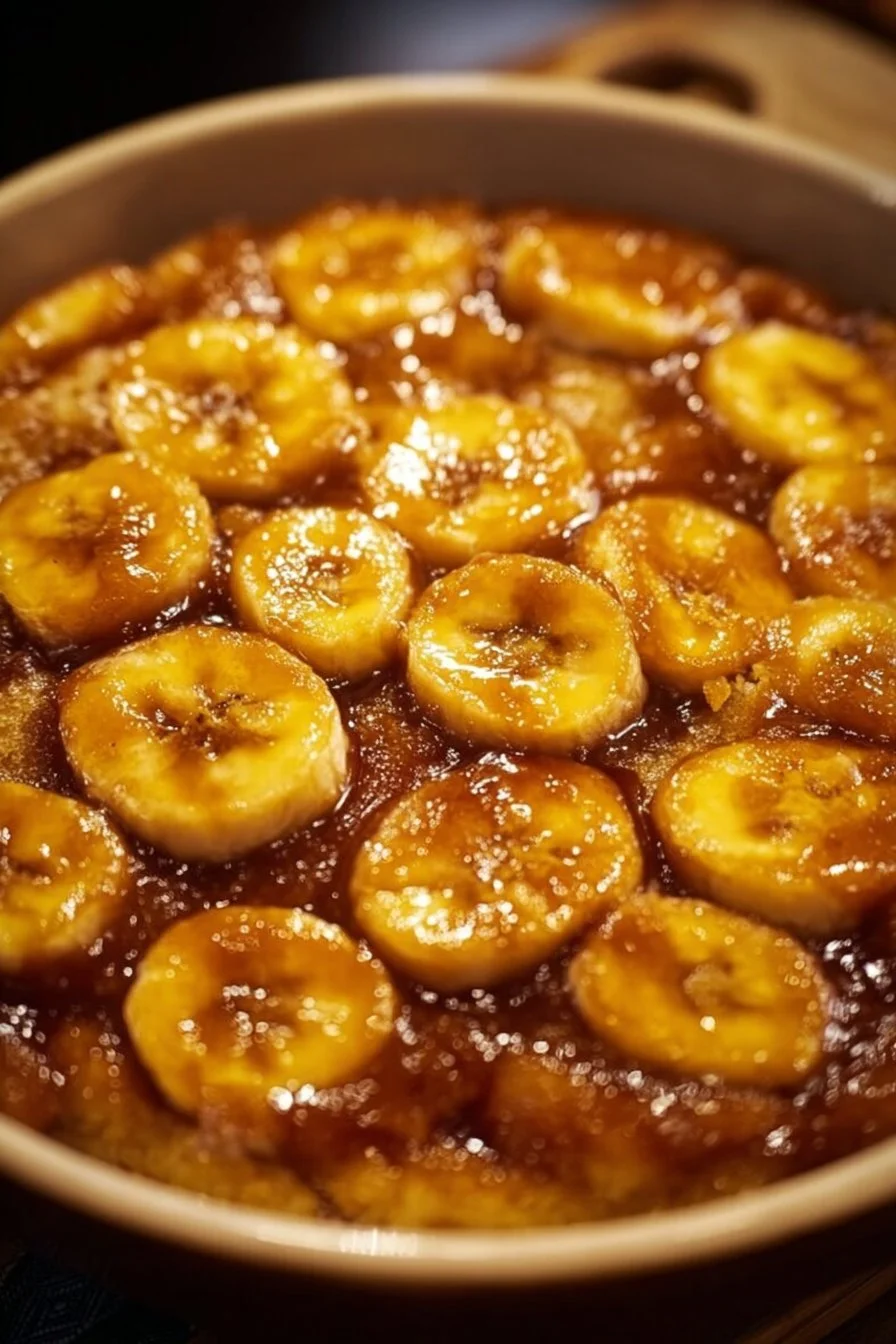 Delicious Bananas Foster Cobbler topped with whipped cream and bananas.
