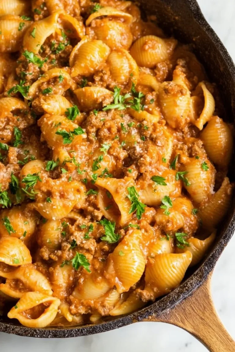 Beef and Shells pasta dish featuring tender beef and creamy sauce