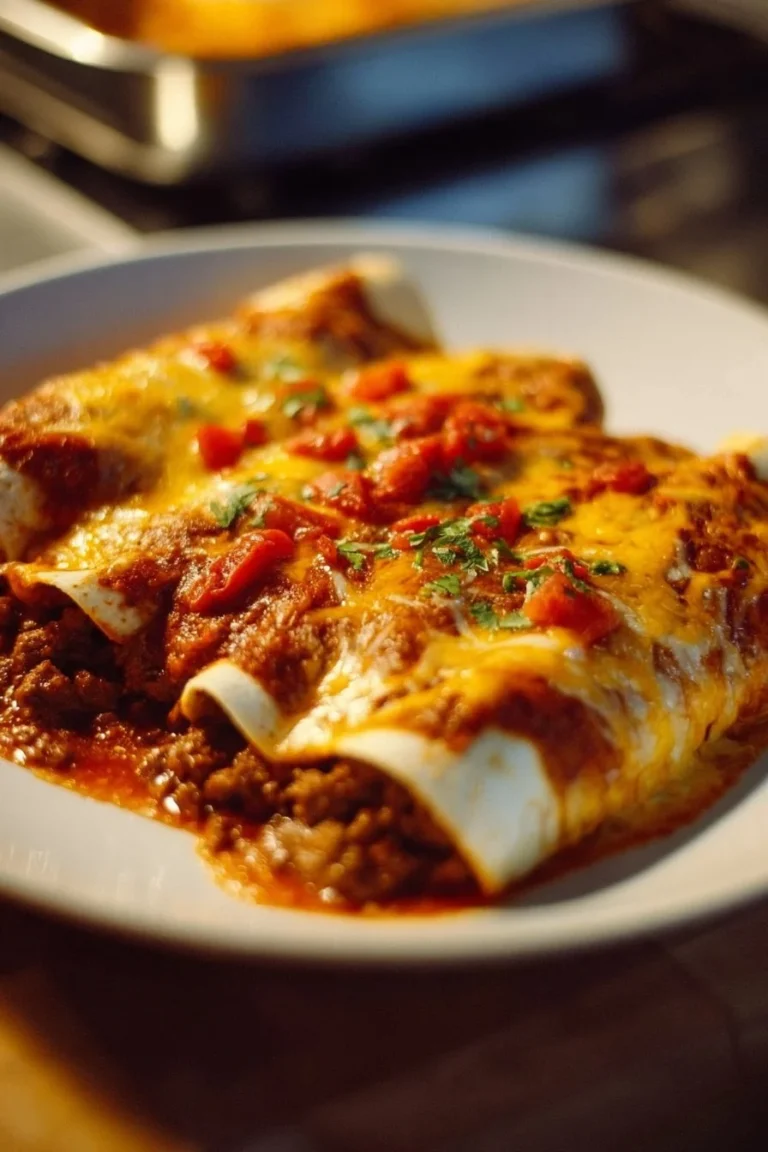 Homemade beef enchiladas topped with cheese and fresh cilantro.