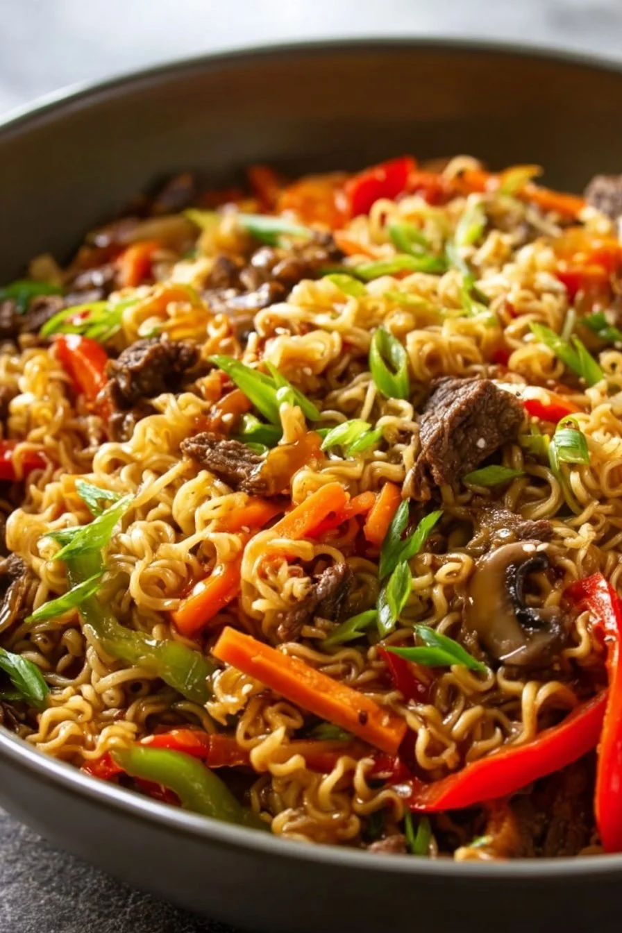 Delicious bowl of beef ramen noodles garnished with green onions and sesame seeds