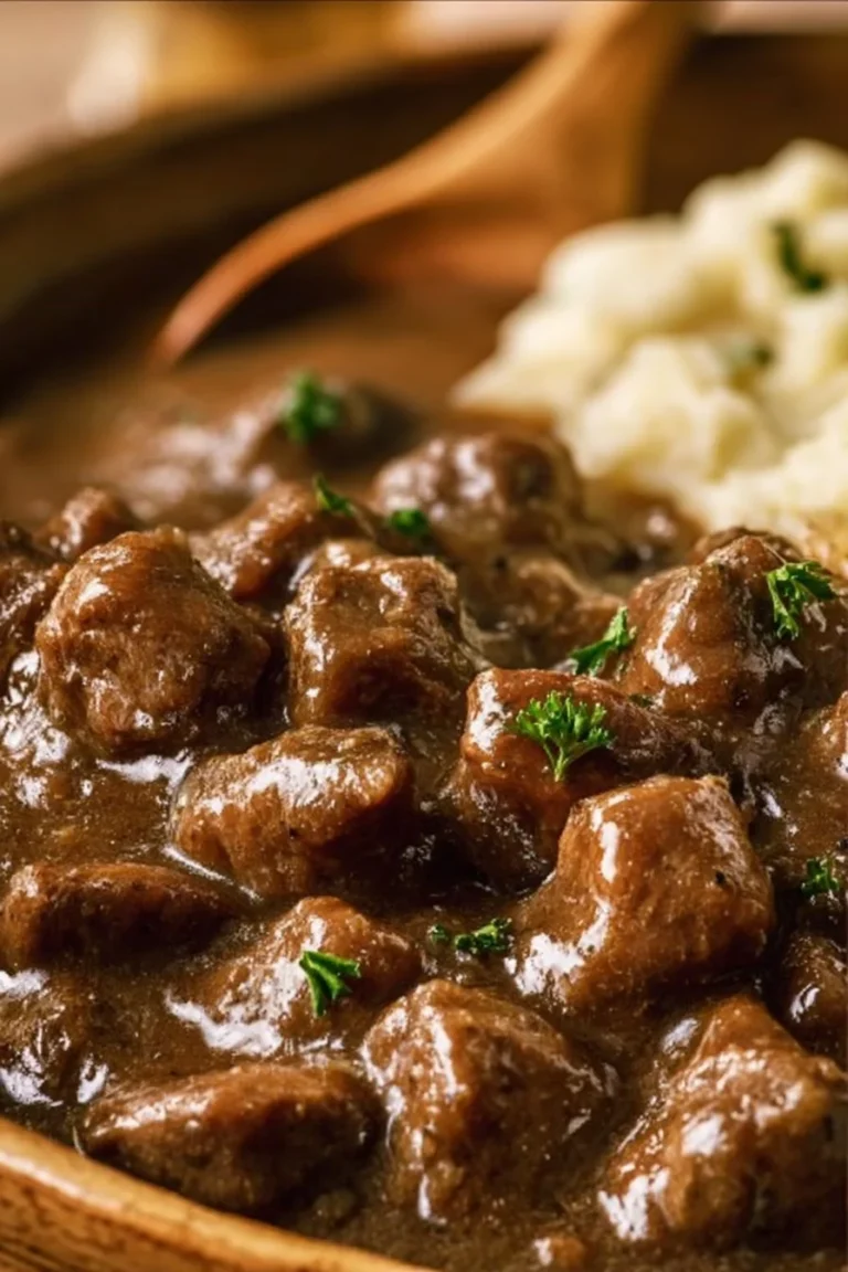 Delicious beef tips in rich gravy served with a side of vegetables