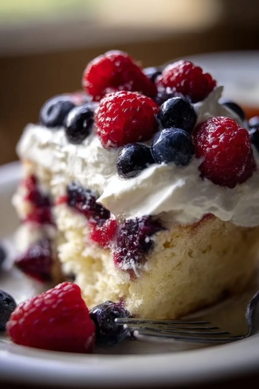 Delicious Berry Poke Cake topped with fresh berries and whipped cream