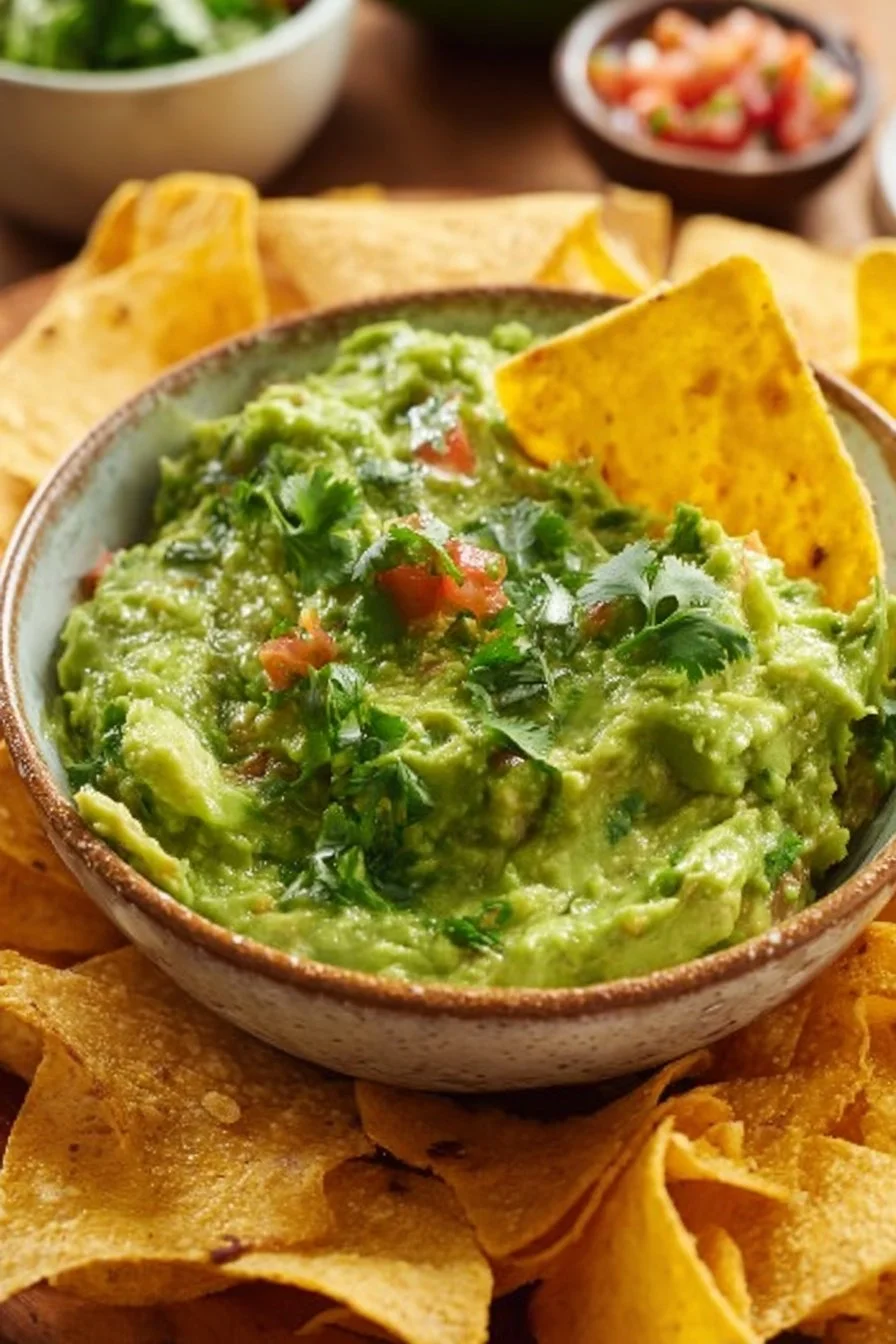 Bowl of fresh guacamole with tortilla chips and lime