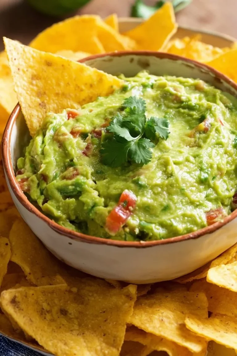 Delicious bowl of best guacamole dip with tortilla chips