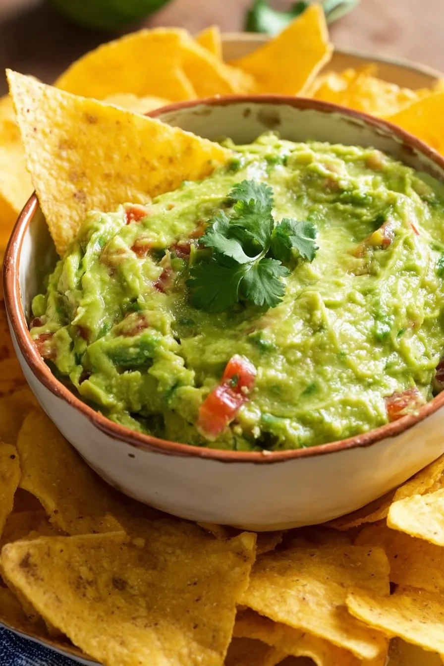Delicious bowl of best guacamole dip with tortilla chips