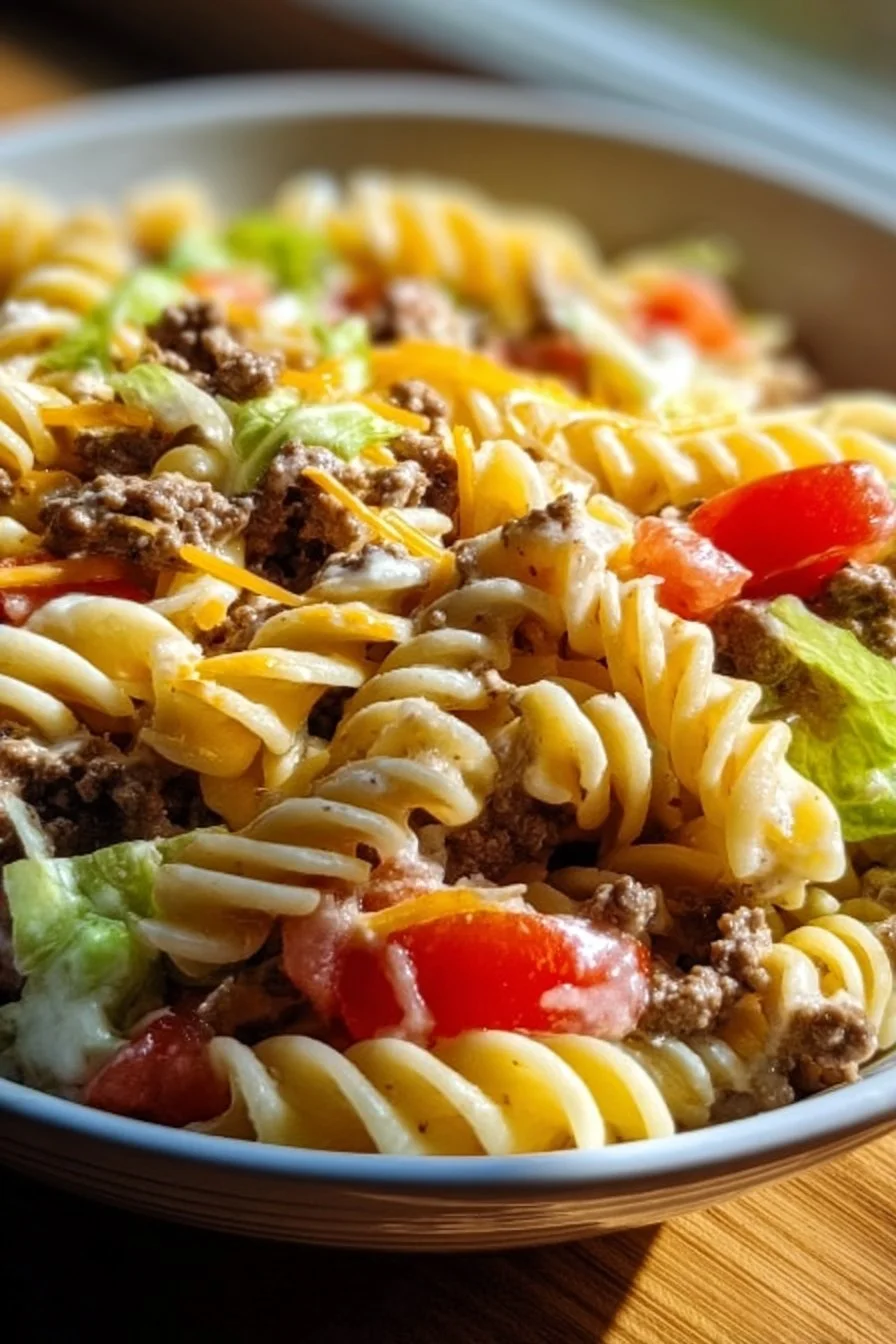 A colorful Big Mac Pasta Salad with beef, lettuce, cheese, and special sauce.