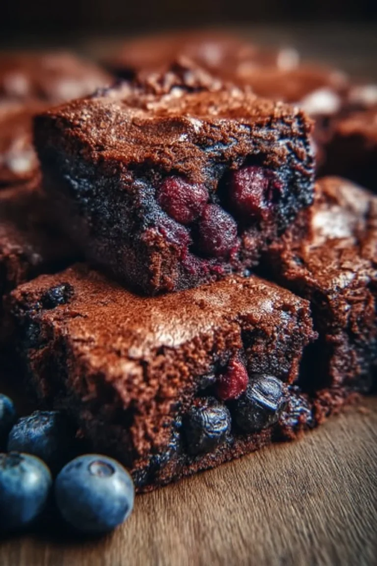 Fudgy blueberry brownies topped with fresh blueberries and chocolate drizzle