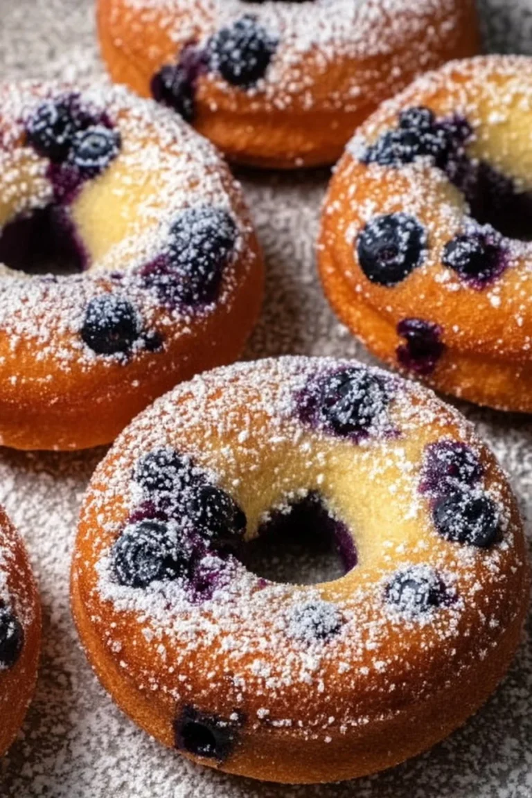 Freshly baked blueberry cake donuts on a rustic wooden table